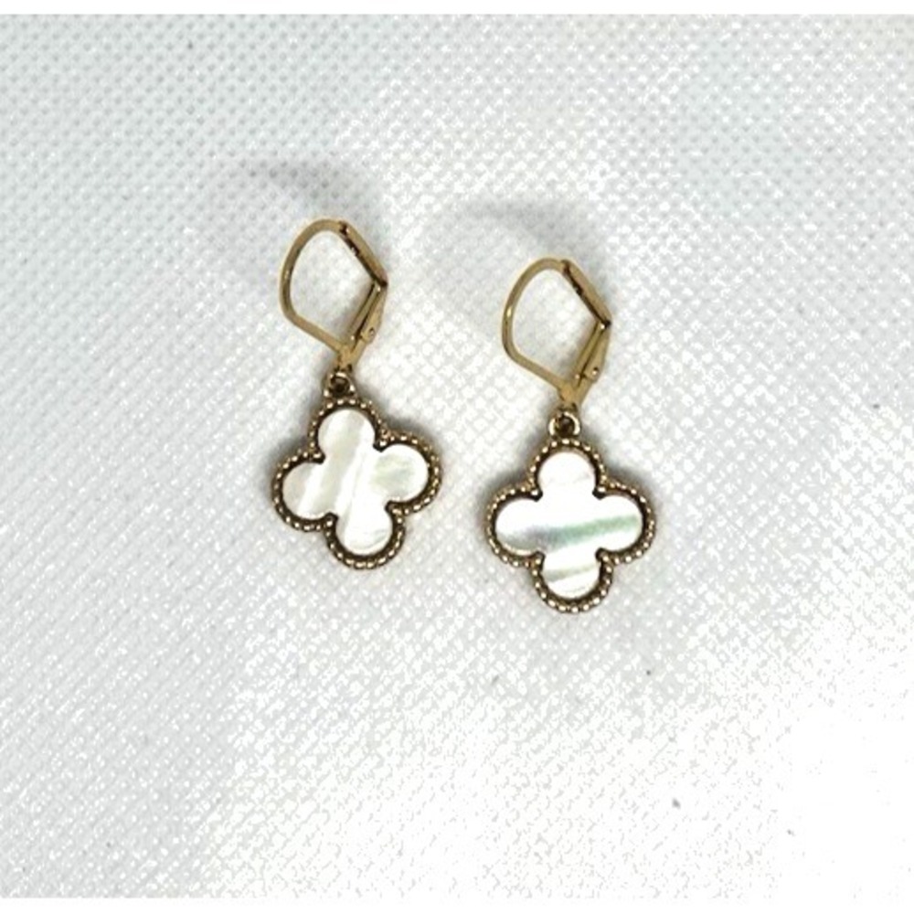 4 Leaf Clover Lever Back Drop Earring 1" Drop Gold Tone Pearl Designer Style NEW